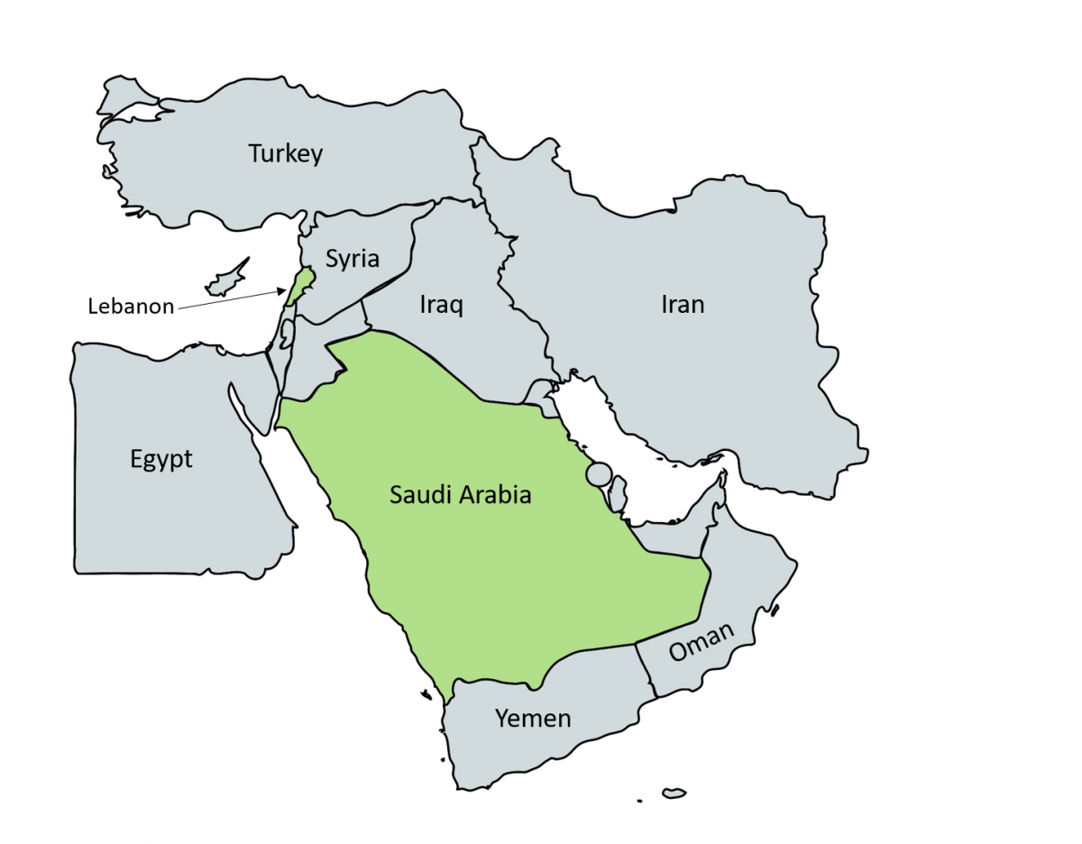 Map showing Saudi Arbia and Lebanon